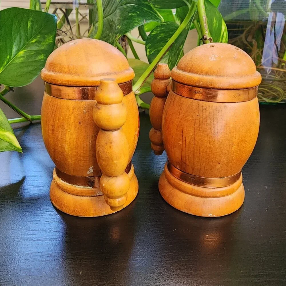 Vintage Beer Stein Mug Handled Copper Accent MCM Wood Salt and Pepper Shakers